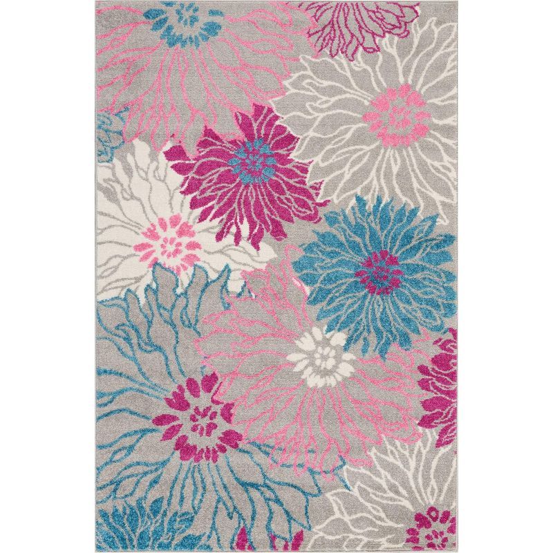 Gray Floral Synthetic Easy Care Rectangular Rug 4' x 6'