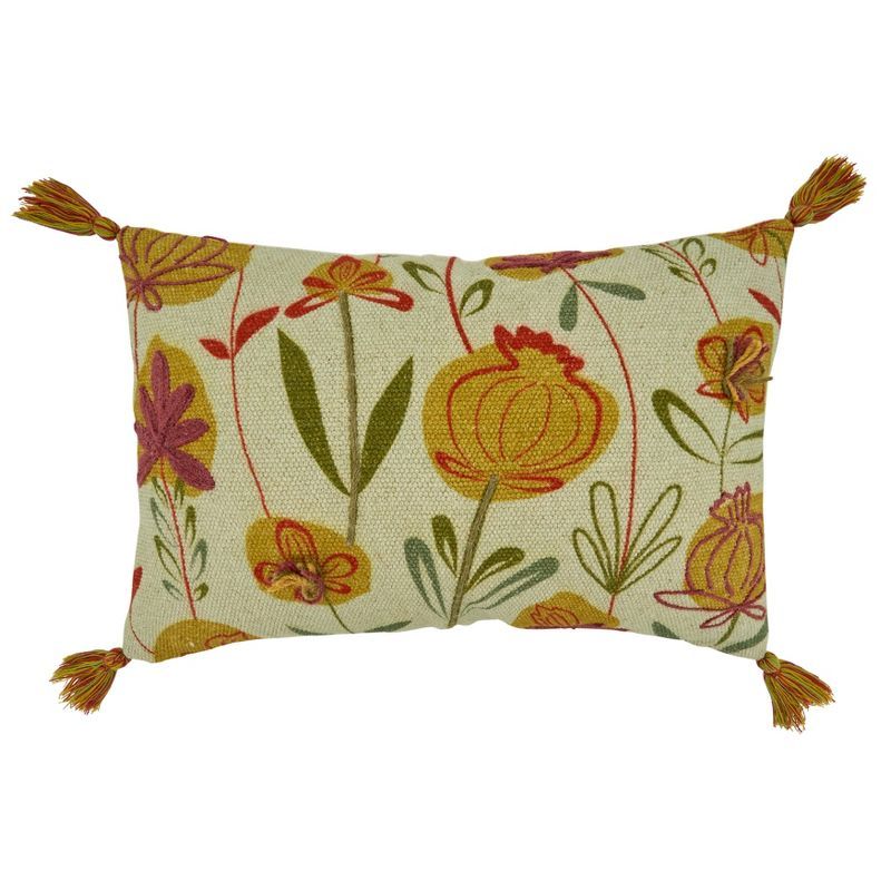 Floral Embroidered Cotton Throw Pillow Cover with Tassels