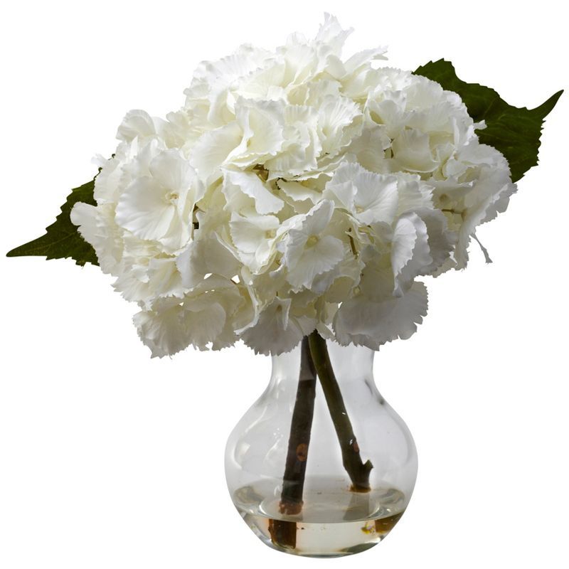 CloudSoft Hydrangea Outdoor Tabletop Arrangement with Glass Vase