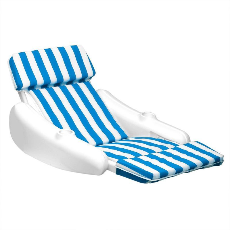 Blue and White Striped Padded Floating Pool Lounger with Cup Holders