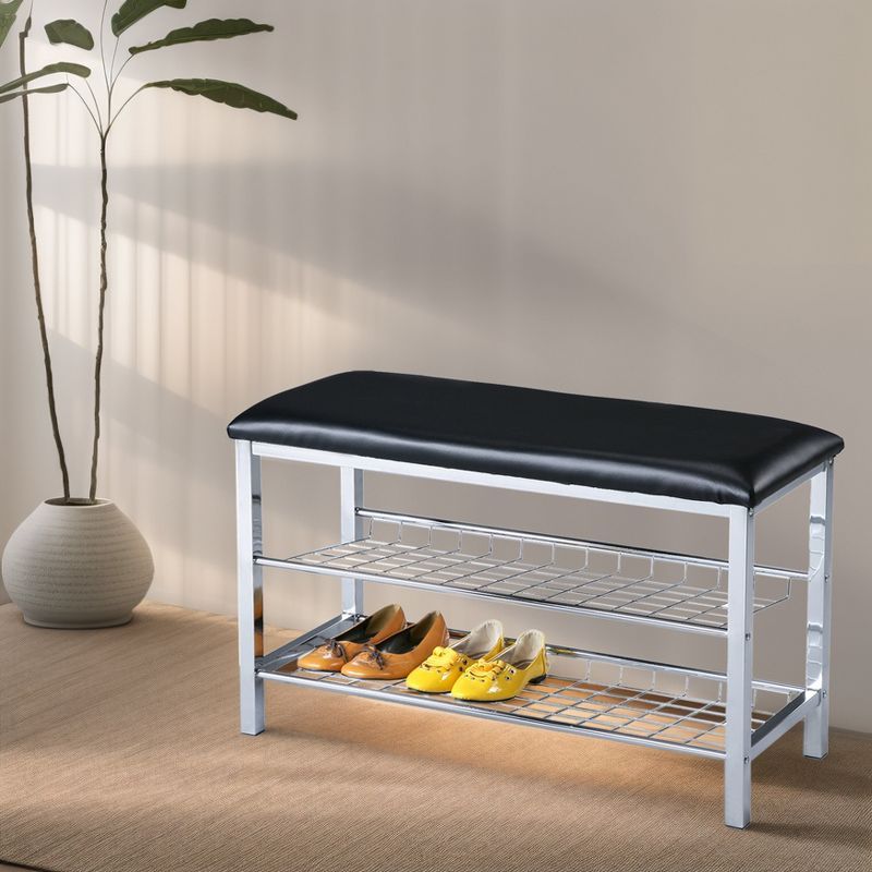 Black Faux Leather and Chrome Metal Shoe Storage Bench