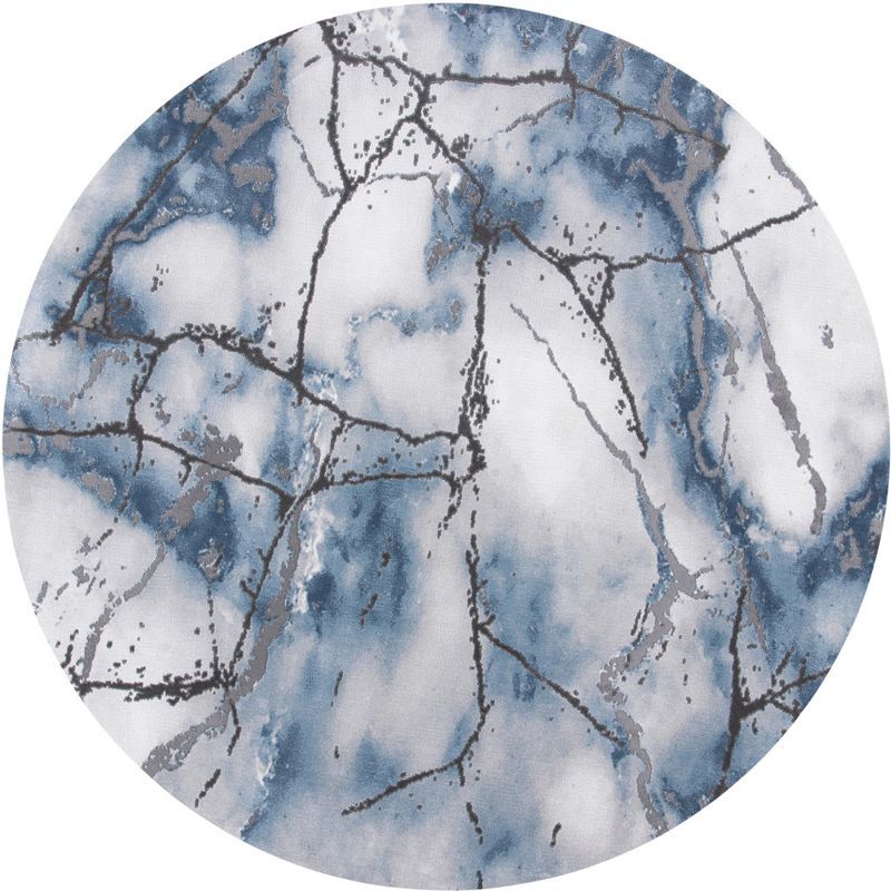 Gray and Blue Round Abstract Hand-Knotted Area Rug