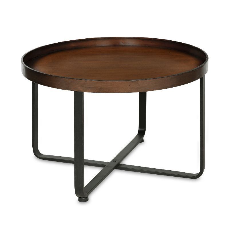 Bronze and Black Round Metal Coffee Table with Criss-Cross Base