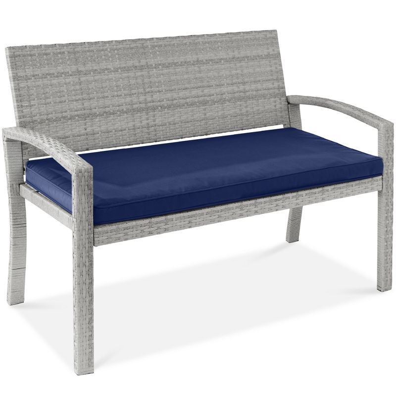 Gray Wicker 2-Person Outdoor Bench with Navy Cushion