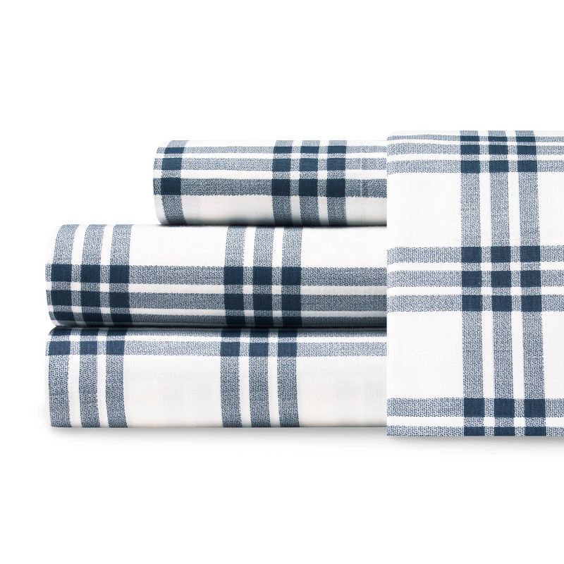 Full Navy Blue Cotton Percale Plaid Sheet Set