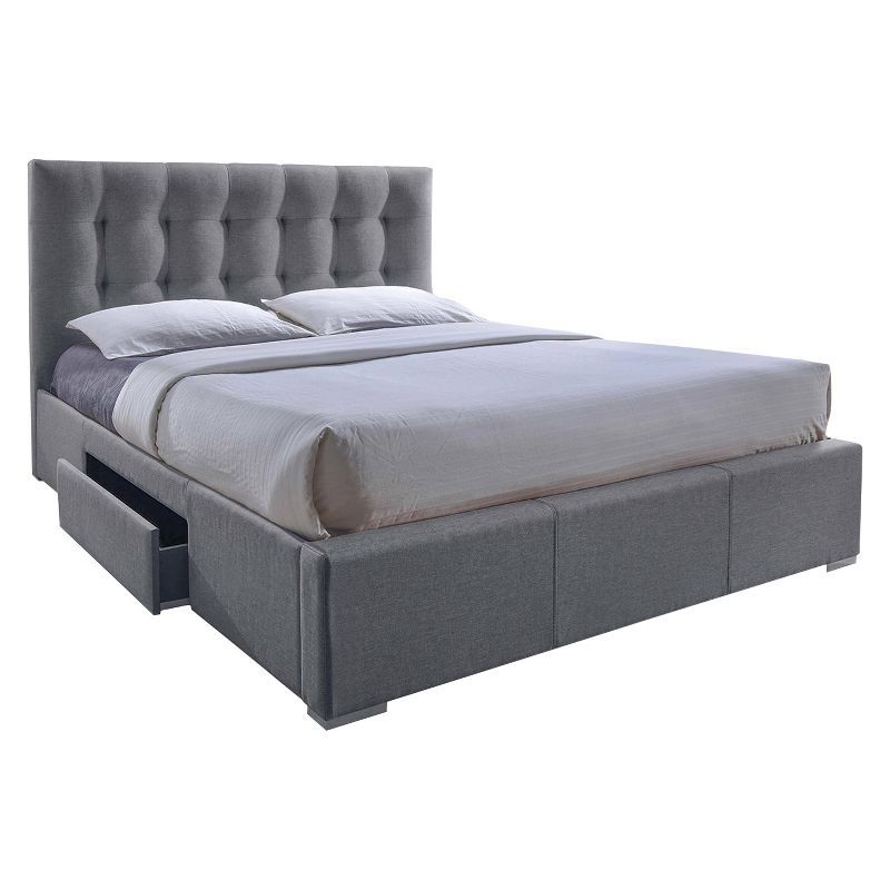 King Size Gray Upholstered Bed with Storage Drawers