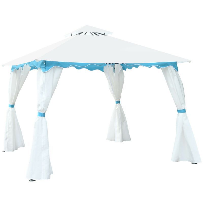 White and Blue 10' x 10' Patio Gazebo Canopy Tent with Curtains