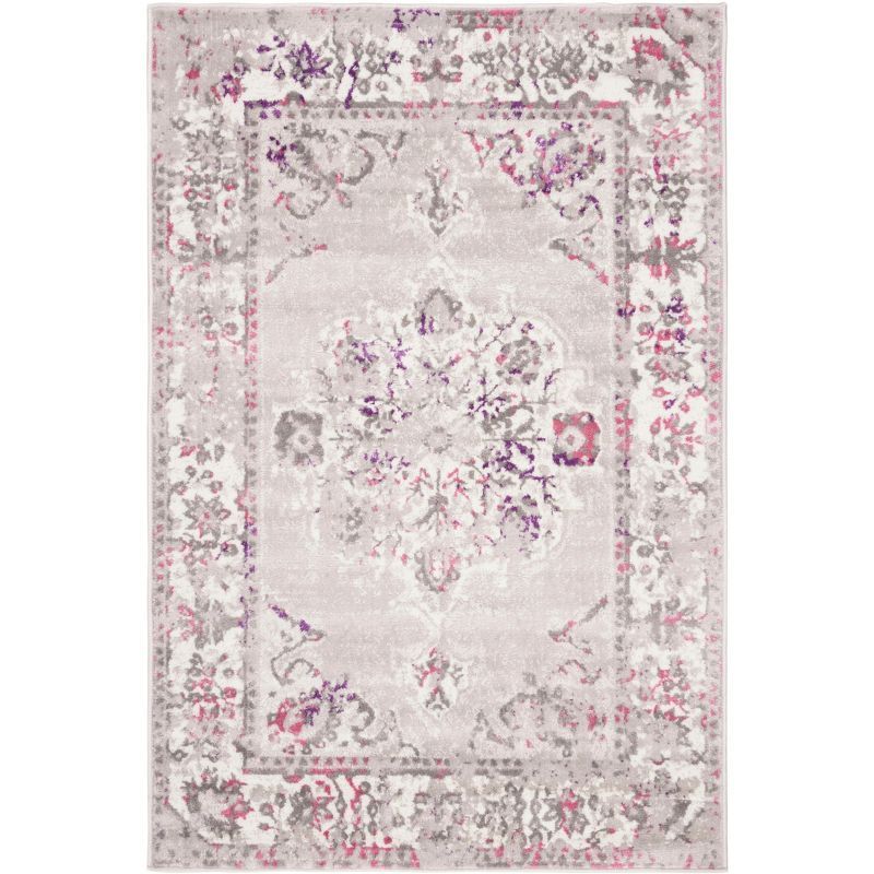 Grey and Pink Floral Synthetic 4' x 6' Area Rug