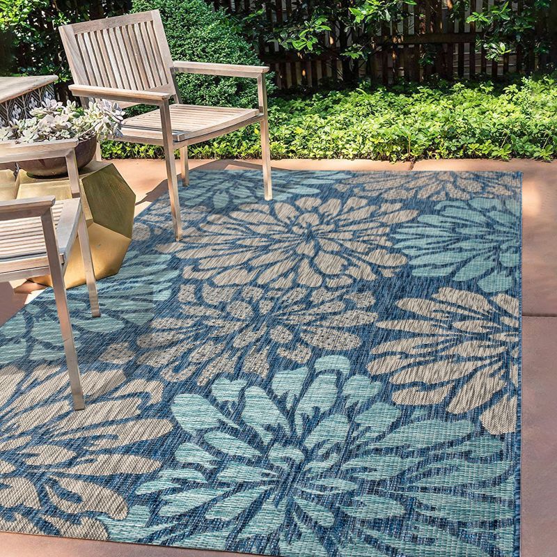 Navy and Aqua Floral Flat Woven Indoor/Outdoor Rug