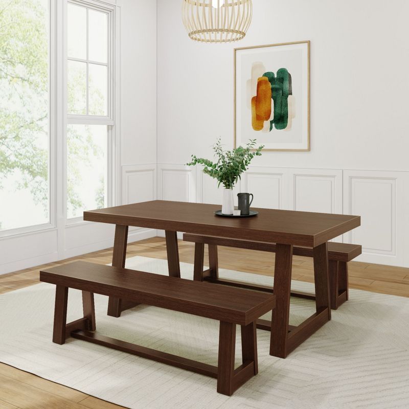 Walnut Wirebrush Farmhouse Dining Table Set with 2 Benches, Seats 6