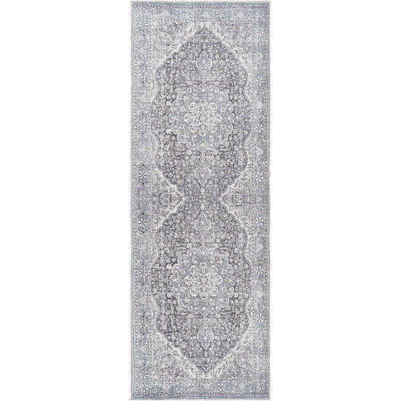 Gray Chenille Floral Motif Washable Runner Rug
