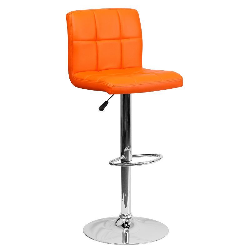 Orange Quilted Vinyl Adjustable Height Swivel Barstool with Chrome Base