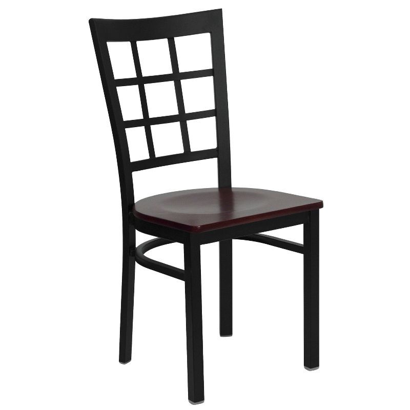 Elegant Window Back Steel Side Chair with Mahogany Wood Seat