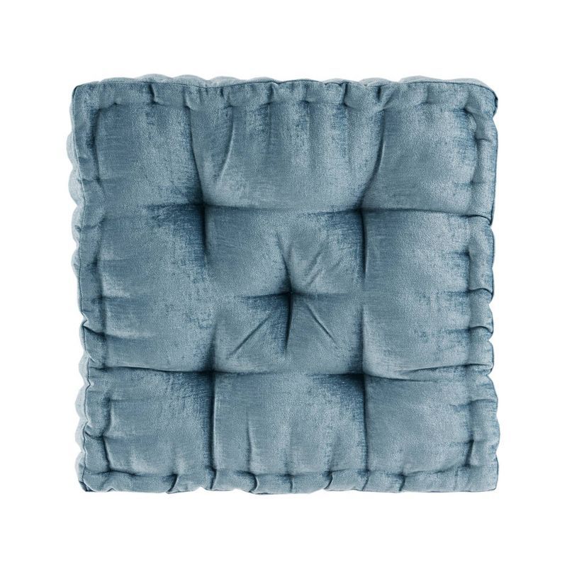 Aqua Chenille Tufted Square Floor Cushion with Scalloped Edge