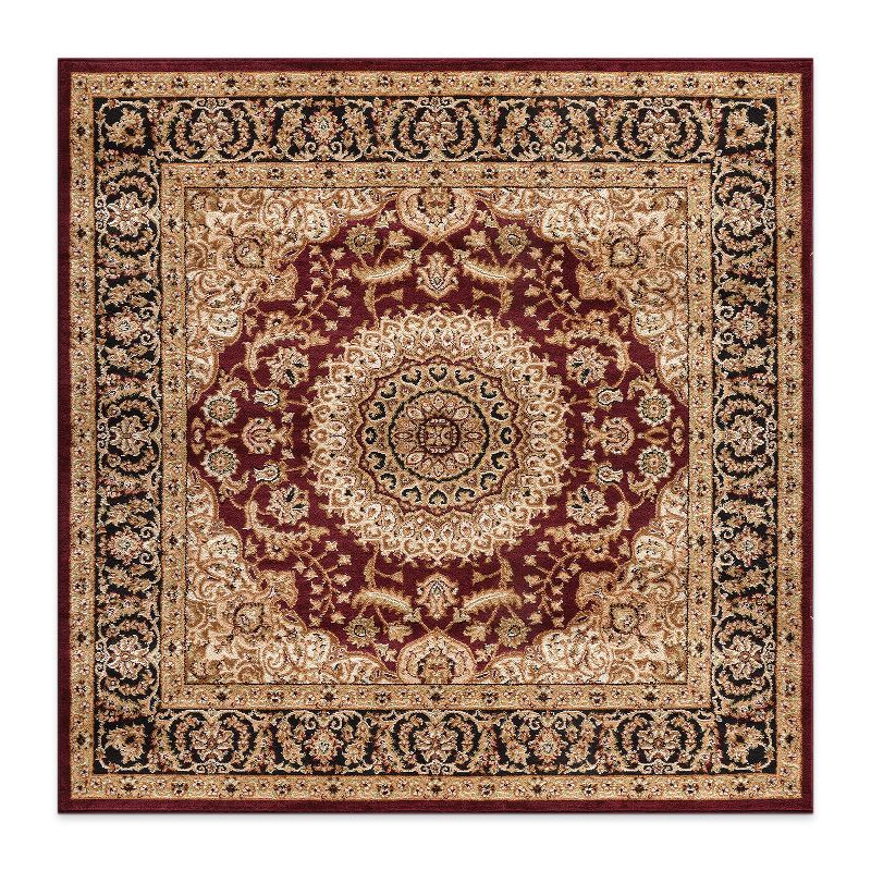 Burgundy and Beige Synthetic Square Medallion Area Rug