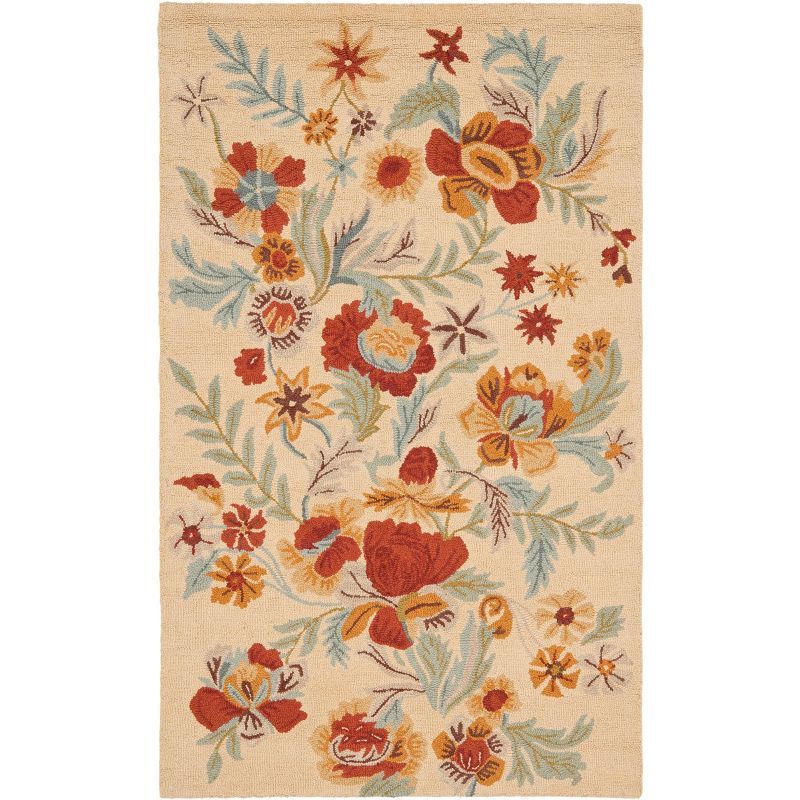 Beige Multicolor Floral Wool 5' x 8' Handmade Area Rug