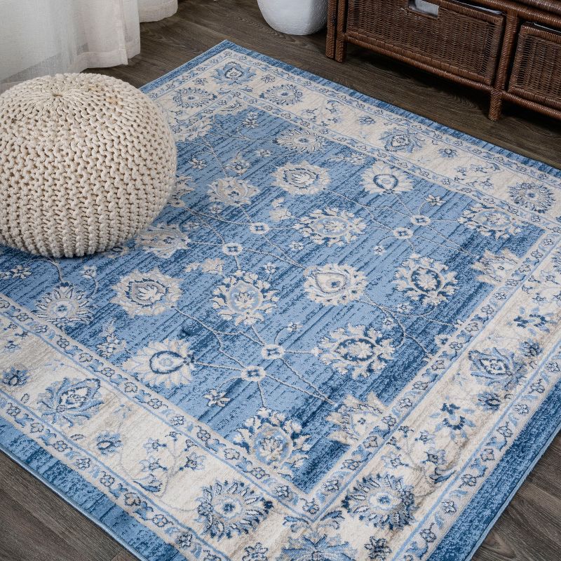 Elegant Vintage Floral 5' Square Blue and Cream Synthetic Area Rug