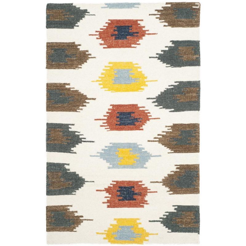 Ivory and Multicolor Geometric Wool Flat Woven Rug, 3' x 5'