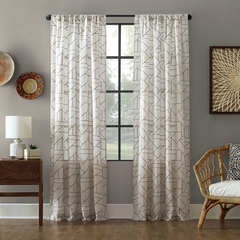 Gray and Linen Geometric Embroidered Sheer Curtain Panel, 50" x 108"