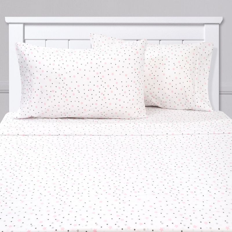 White and Pink Stars Microfiber Kids' Full Sheet Set