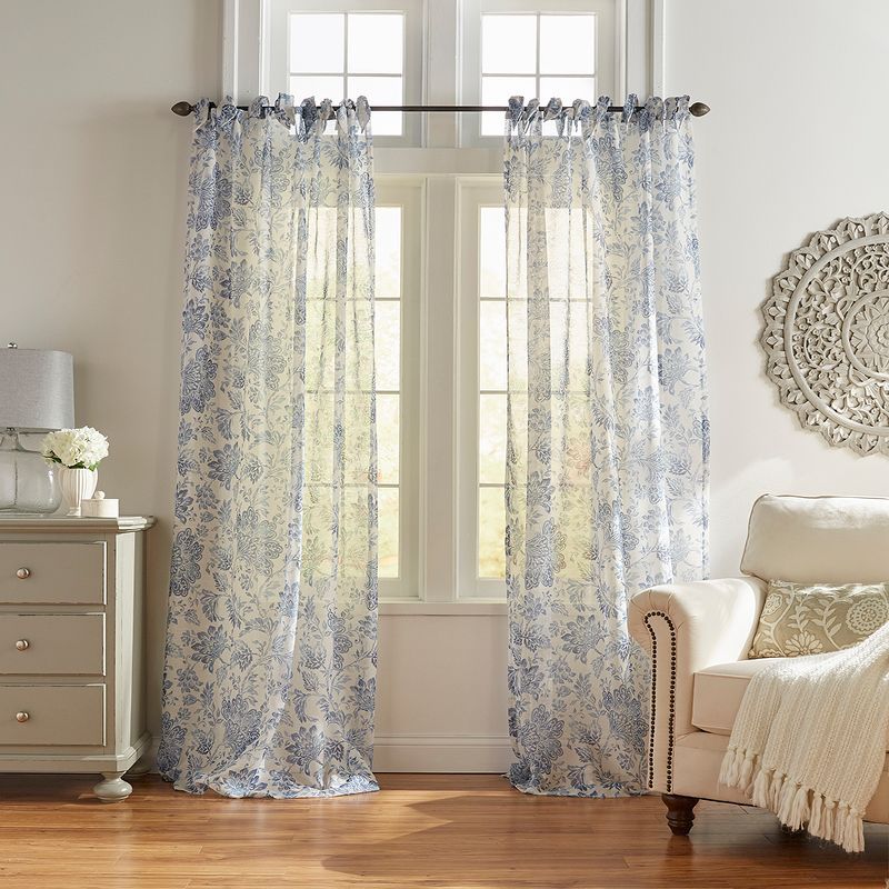 Indigo Floral Sheer Tie-Top Poly-Linen Window Panel, 52" x 84"