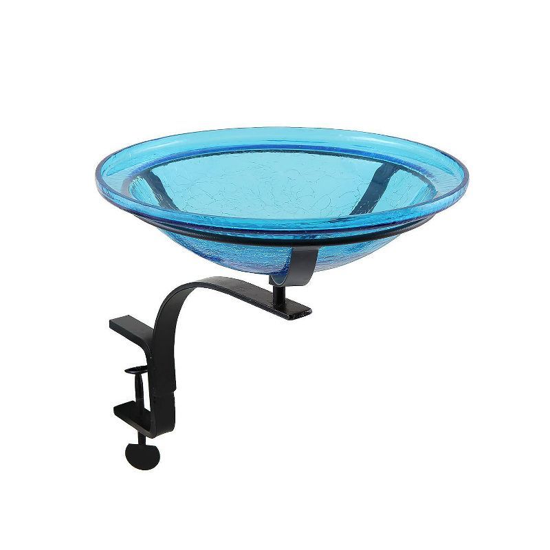 Teal Crackle Glass Birdbath with Black Rail Mount Bracket