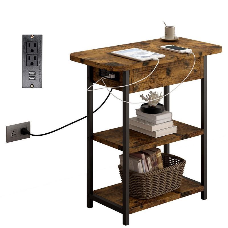 Rustic Brown End Table with Built-In Charging Station and Shelves