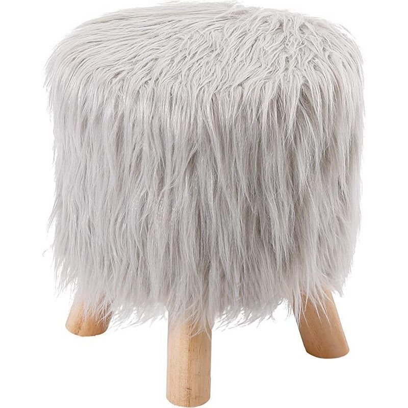 Silver Faux Fur Round Stool with Natural Wood Legs