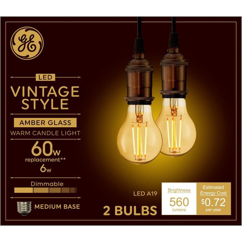 GE Vintage Style Amber Glass LED Light Bulbs, Warm Dimmable Light, 60W Equivalent, 2 Pack