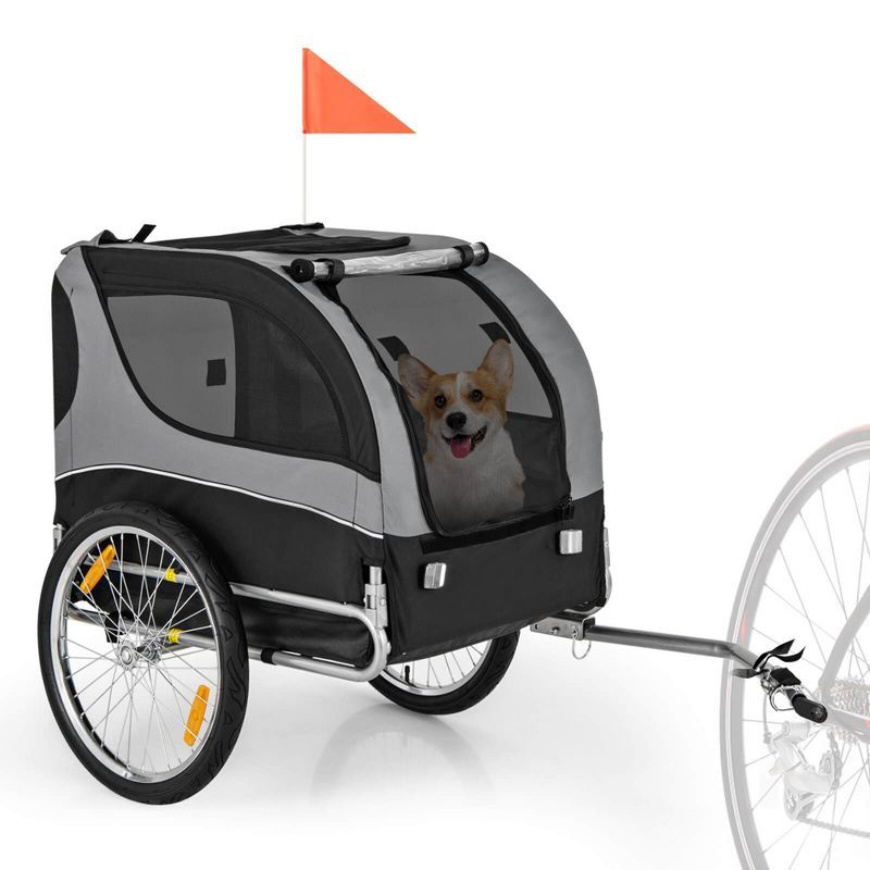 Foldable Gray Pet Bike Trailer with Mesh Windows and Steel Frame