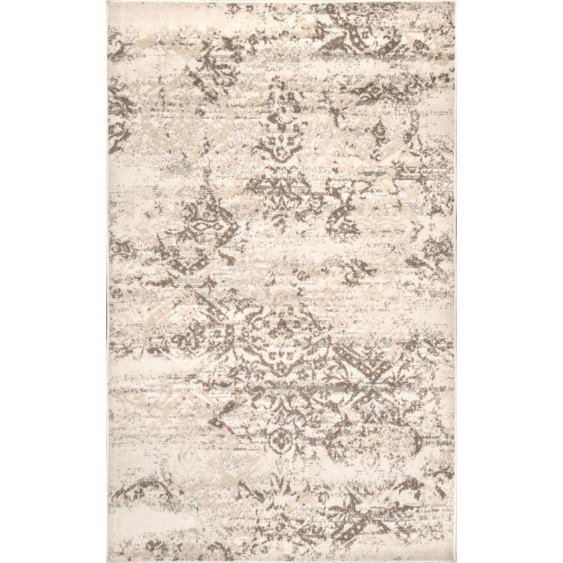 Beige Round Washable Floral Synthetic Area Rug