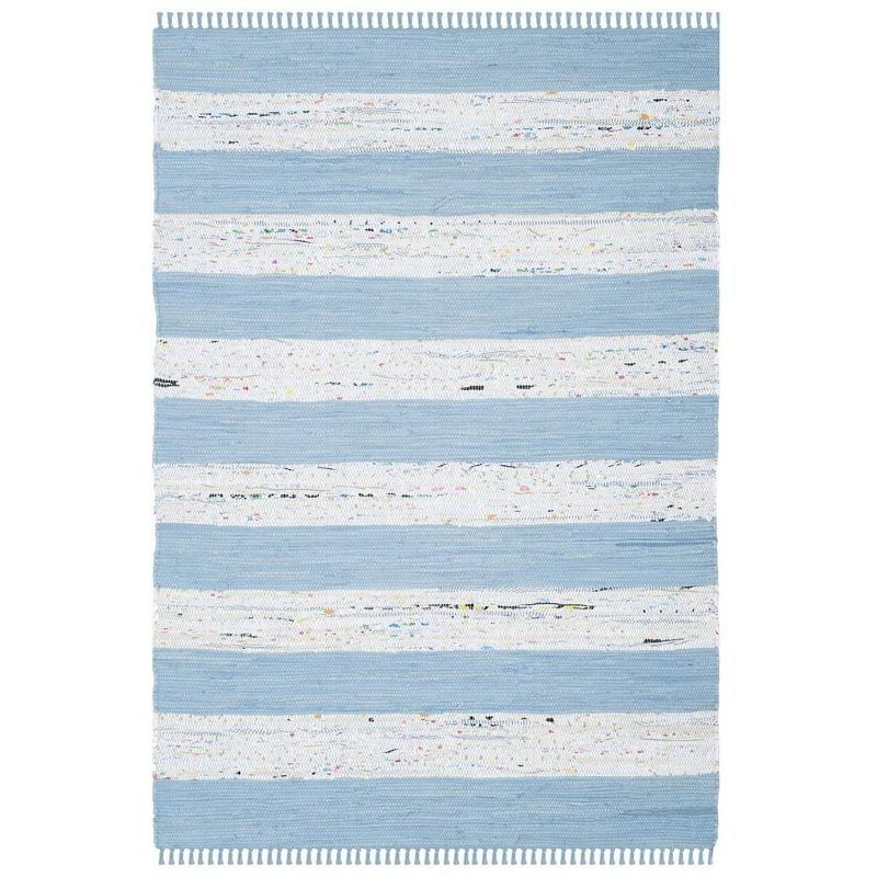 Ivory and Turquoise Striped Cotton 4' x 6' Handmade Rug
