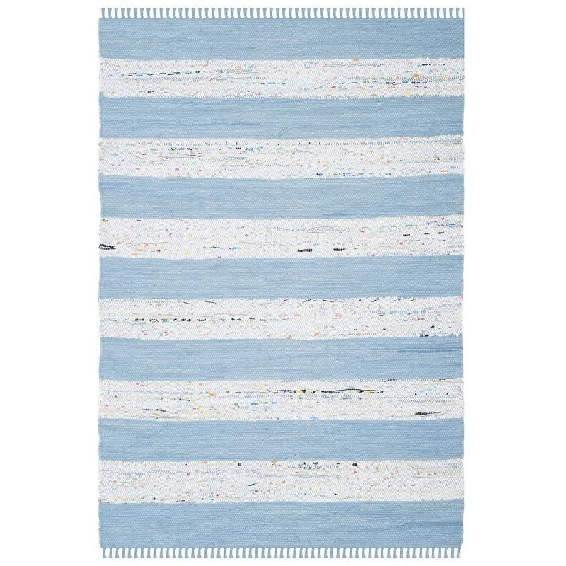 Ivory and Turquoise Striped Cotton 4' x 6' Handmade Rug