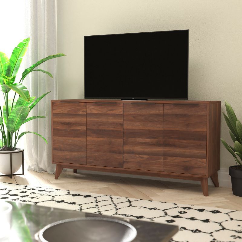 Hatfield Dark Walnut Mid-Century Modern 4-Door TV Stand with Adjustable Shelves