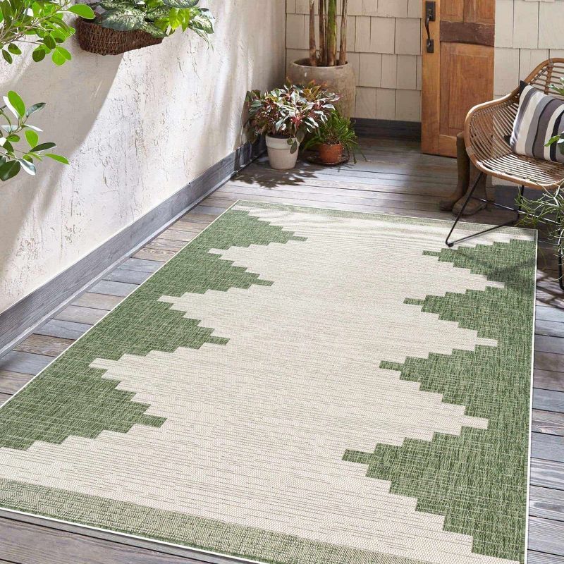 Aztec-Inspired Beige and Green Geometric Outdoor Rug