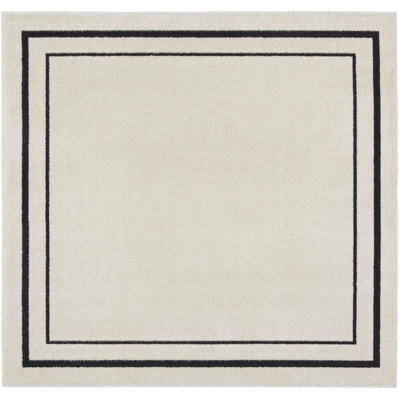 Contemporary Ivory/Black Square Outdoor Rug, Easy-Care Synthetic