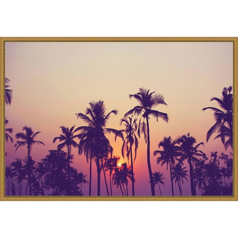 Sunrise Palm Grove Framed Canvas Print in Purple and Gold