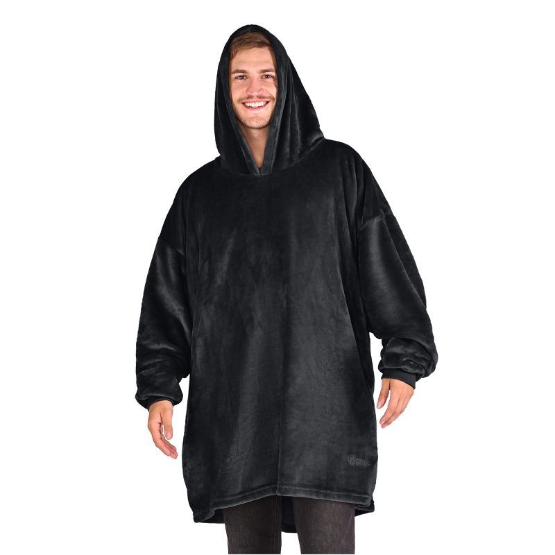 Black Microplush Hooded Wearable Blanket with Sleeves