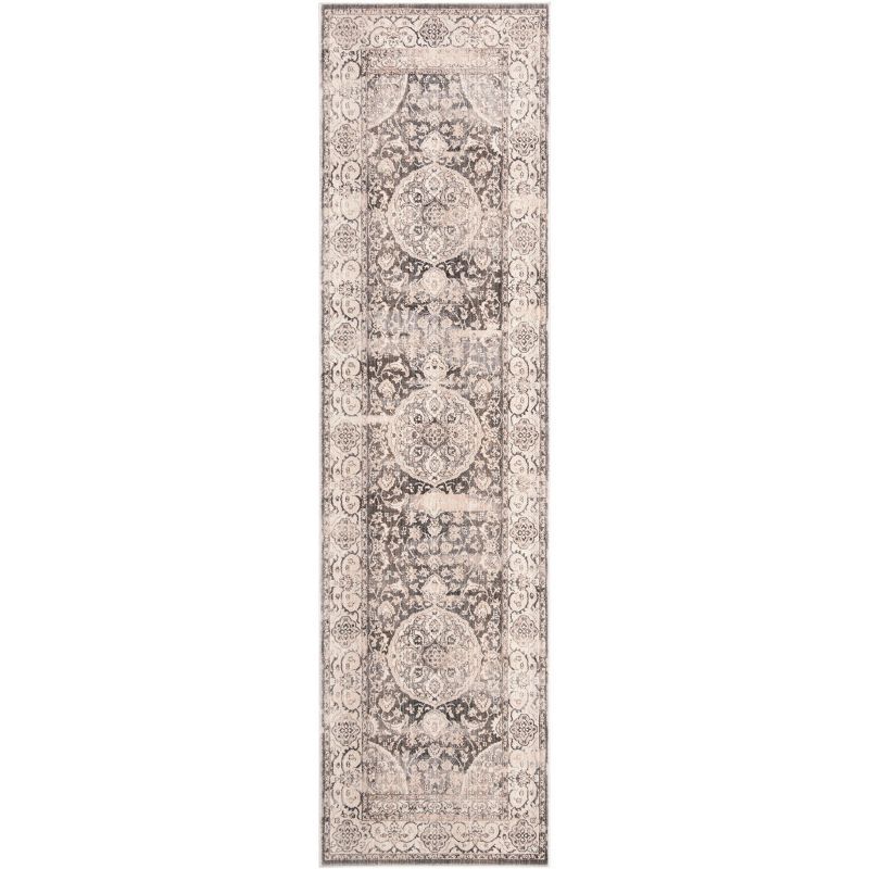 Gray Floral Motif Synthetic Low Pile Runner Rug