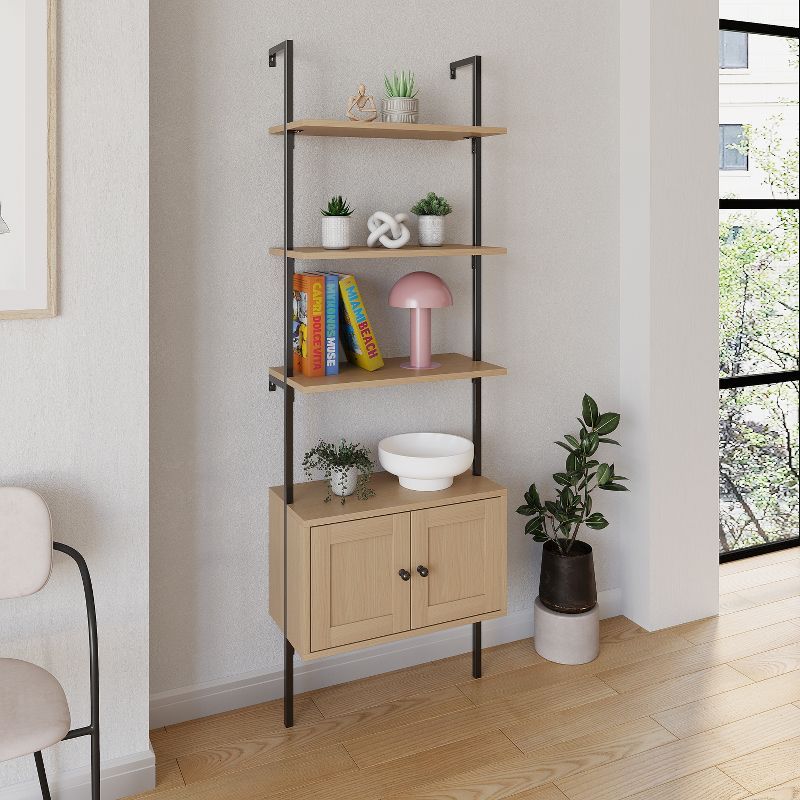 Light Oak and Black Wall-Mounted Ladder Bookcase with Cabinet