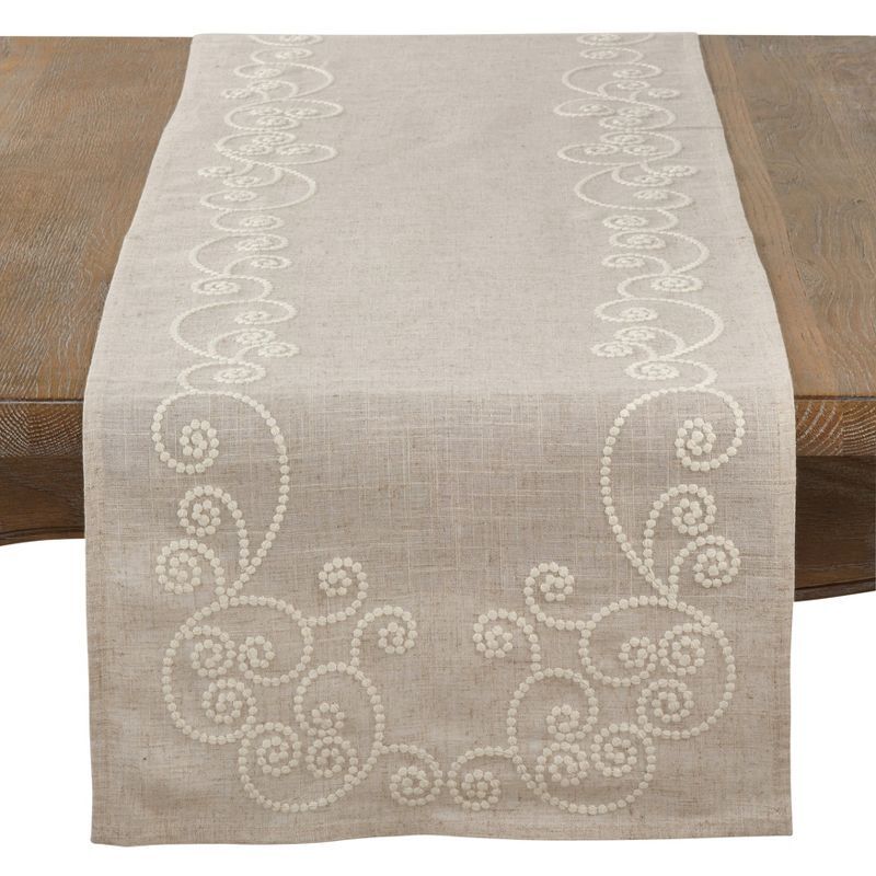 Natural Linen Blend Embroidered Swirl Table Runner