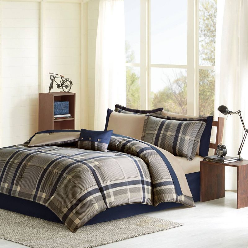 Navy and Taupe Plaid Twin Microfiber Bed in a Bag Set