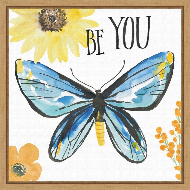 Blue and Yellow Butterfly Quote Framed Canvas Wall Art 16" x 16"