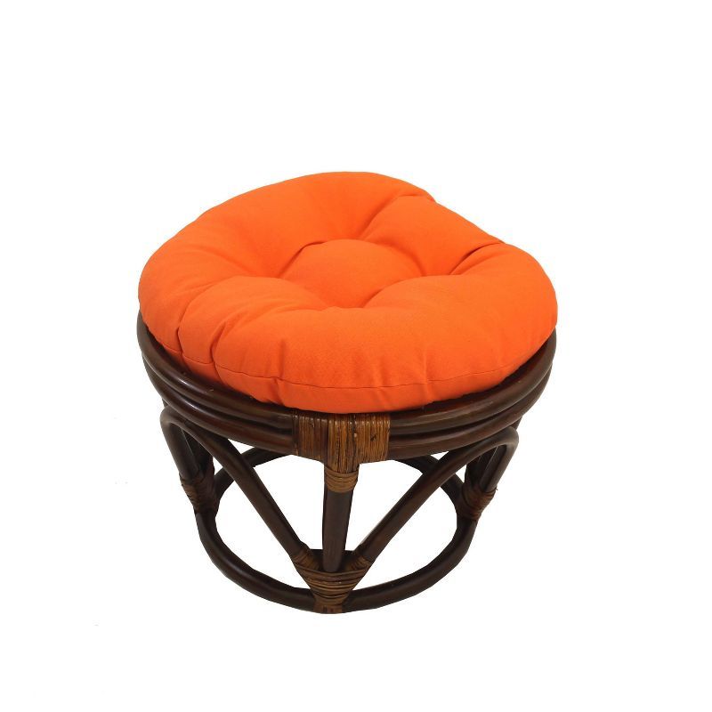 Round Tufted Rattan Footstool with Orange Cushion