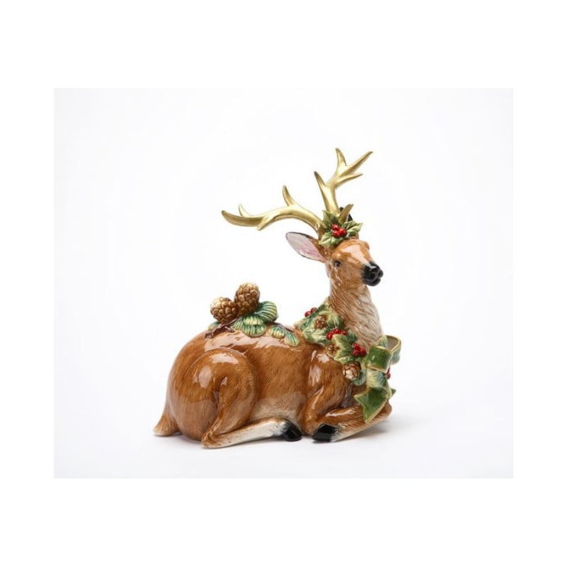 Ceramic Reindeer Figurine with Golden Antlers and Pine Cones