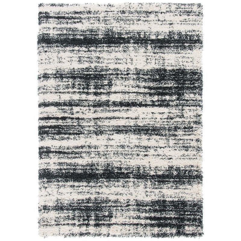 Ivory and Black Hand-Knotted Synthetic Area Rug