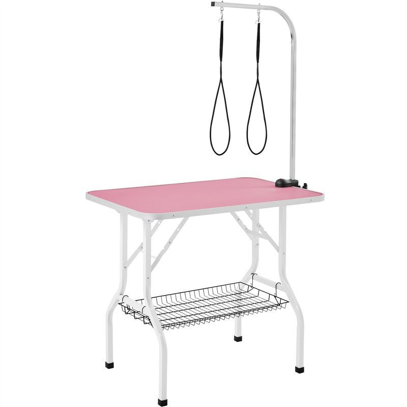 Pink 36'' Pet Grooming Table with Adjustable Arm and Shelf