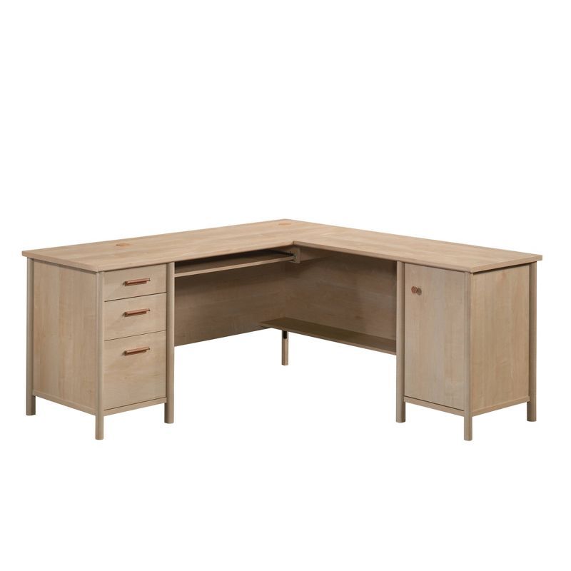 Natural Maple L-Shaped Computer Desk with Drawers and Keyboard Tray