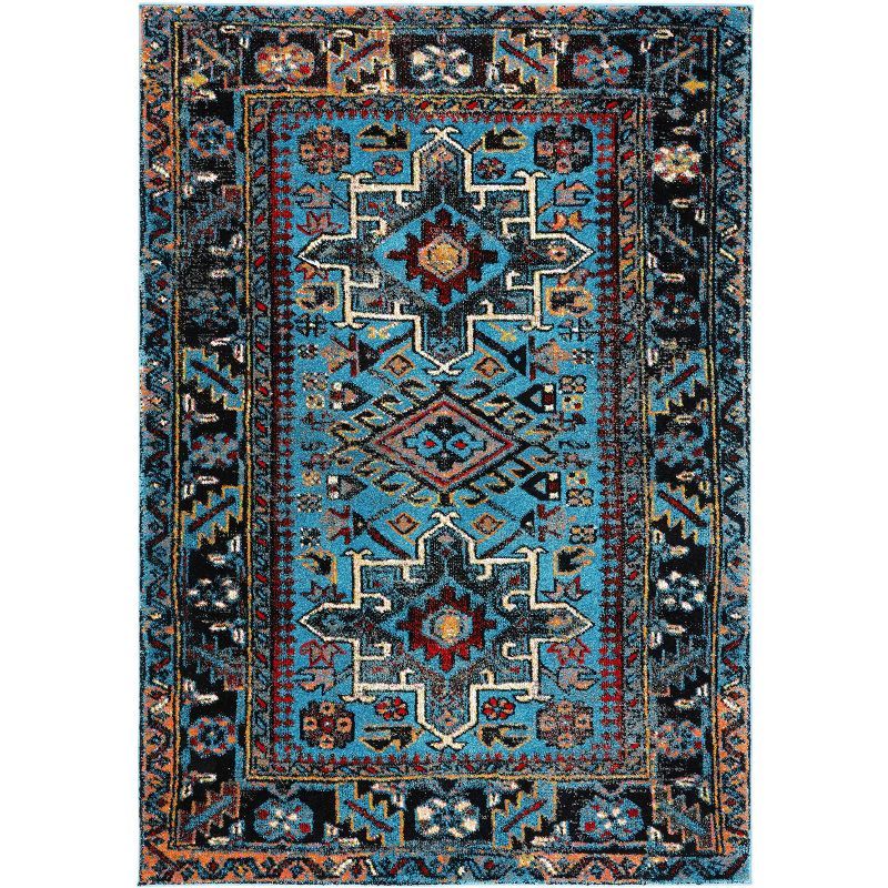 Light Blue and Black Synthetic Oriental Area Rug