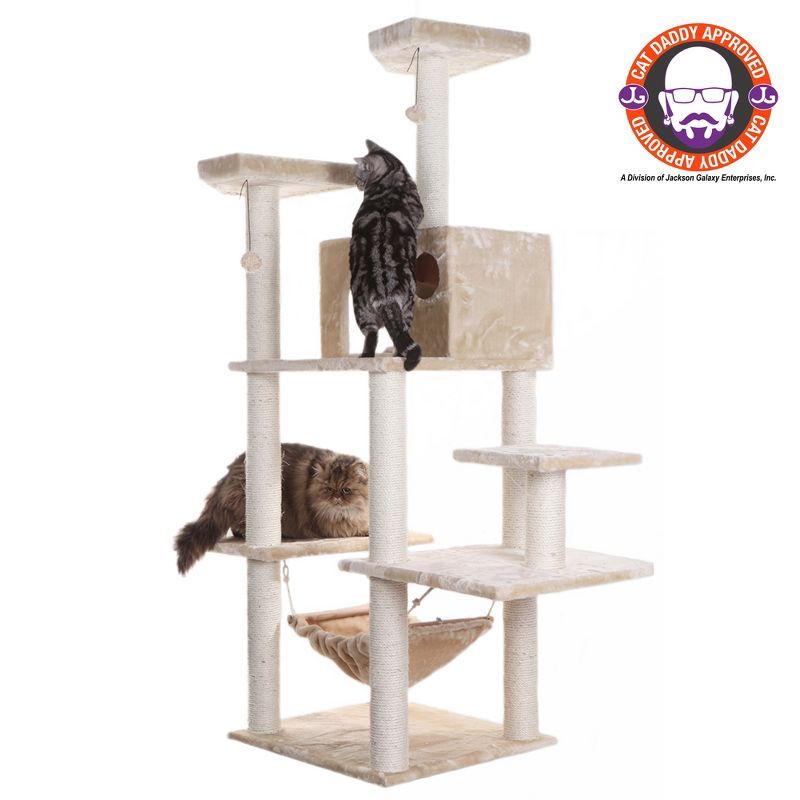 Beige Faux Fur Multi-Level Cat Tree with Sisal Posts